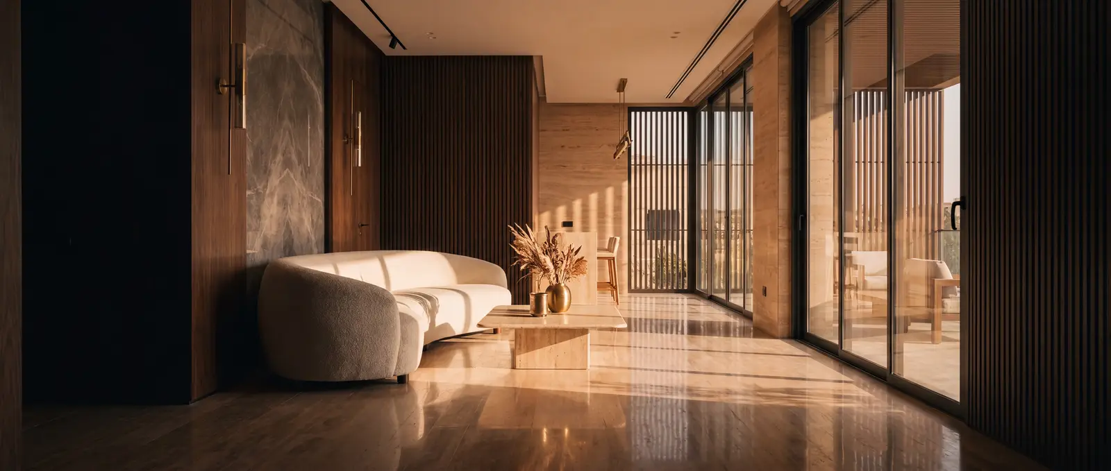 A grand modern living space crafted by Eldora Constructions, warm travertine and walnut in golden-hour light