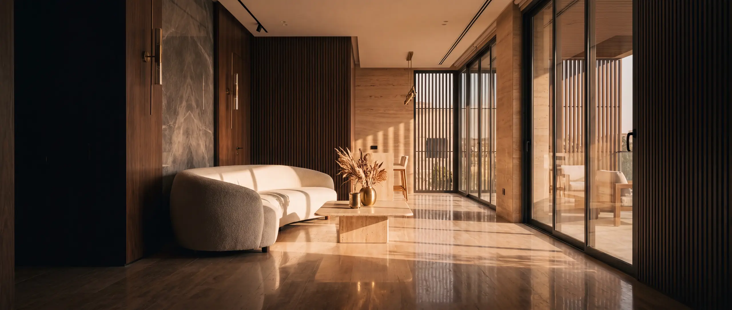 A grand modern living space crafted by Eldora Constructions, warm travertine and walnut in golden-hour light